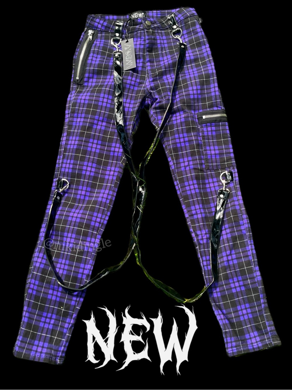 Dolls Kill Purple & Plaid Cargo Pants Bondage Harness Skinny Jeans M Punk Goth